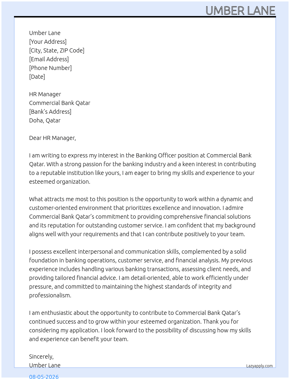 Cover letter for banking officer - LazyApply