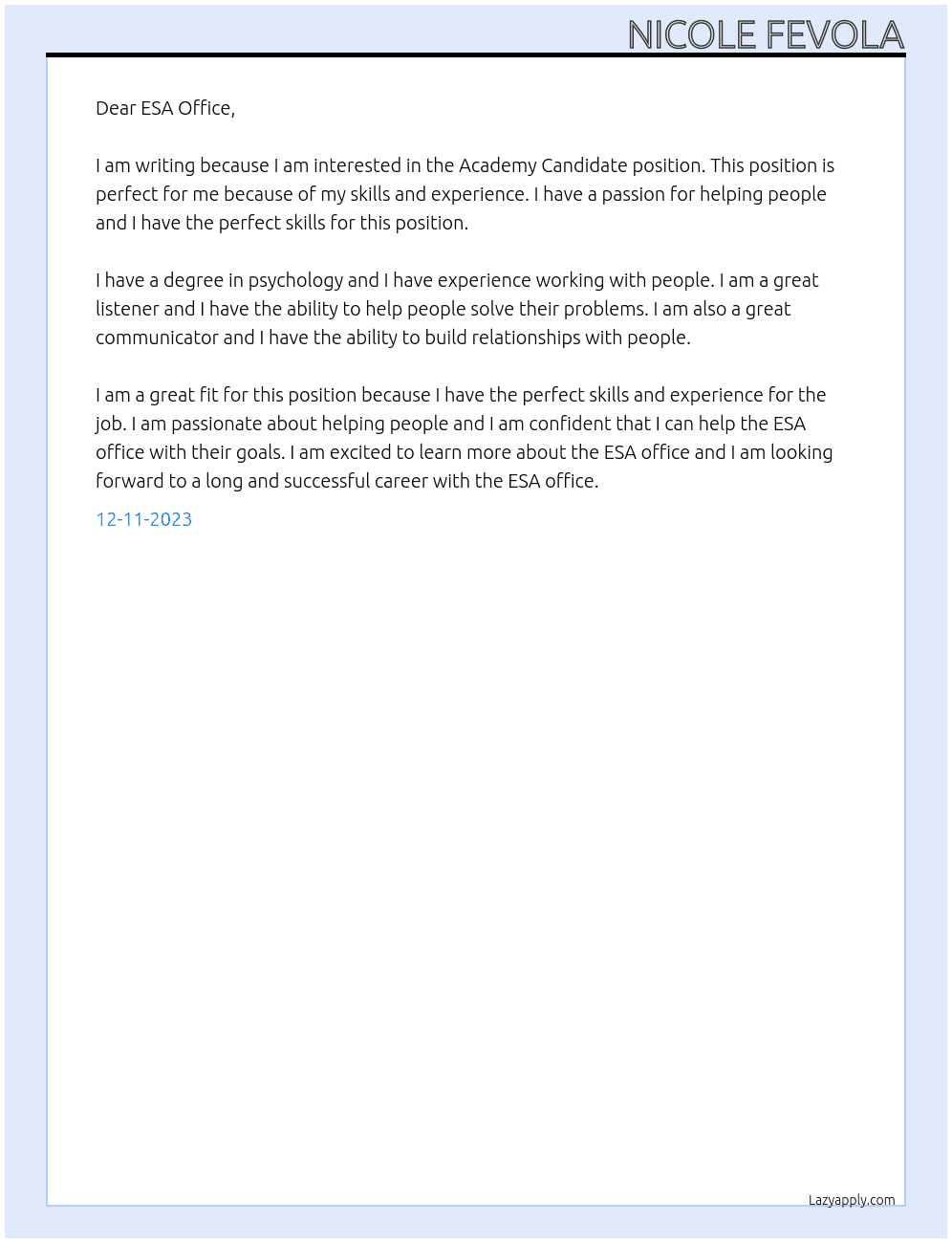 ACADEMY CANDIDATE At ESA Cover Letter