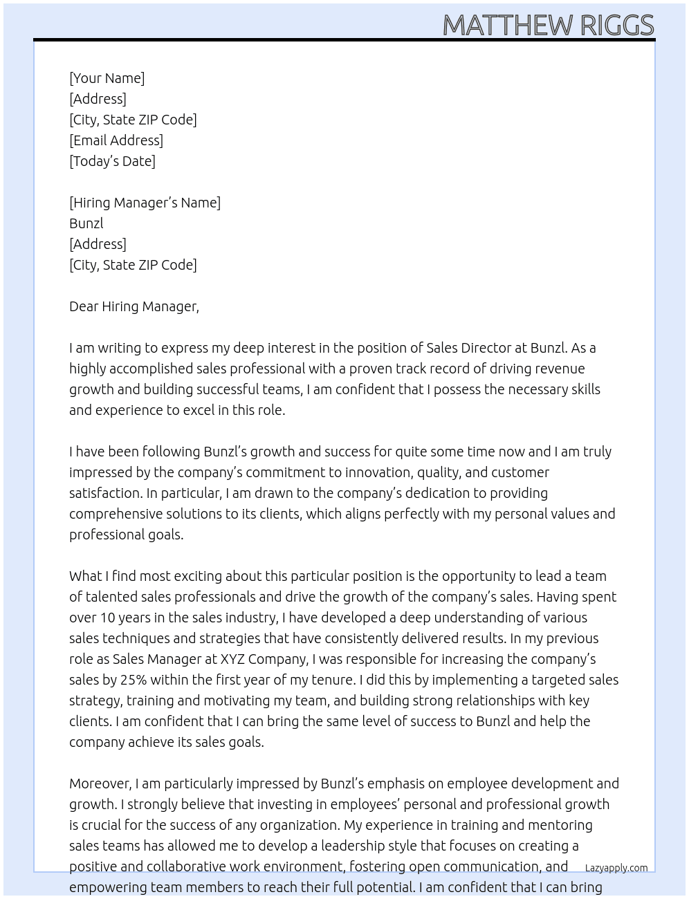 Sales director  At Bunzl Cover Letter