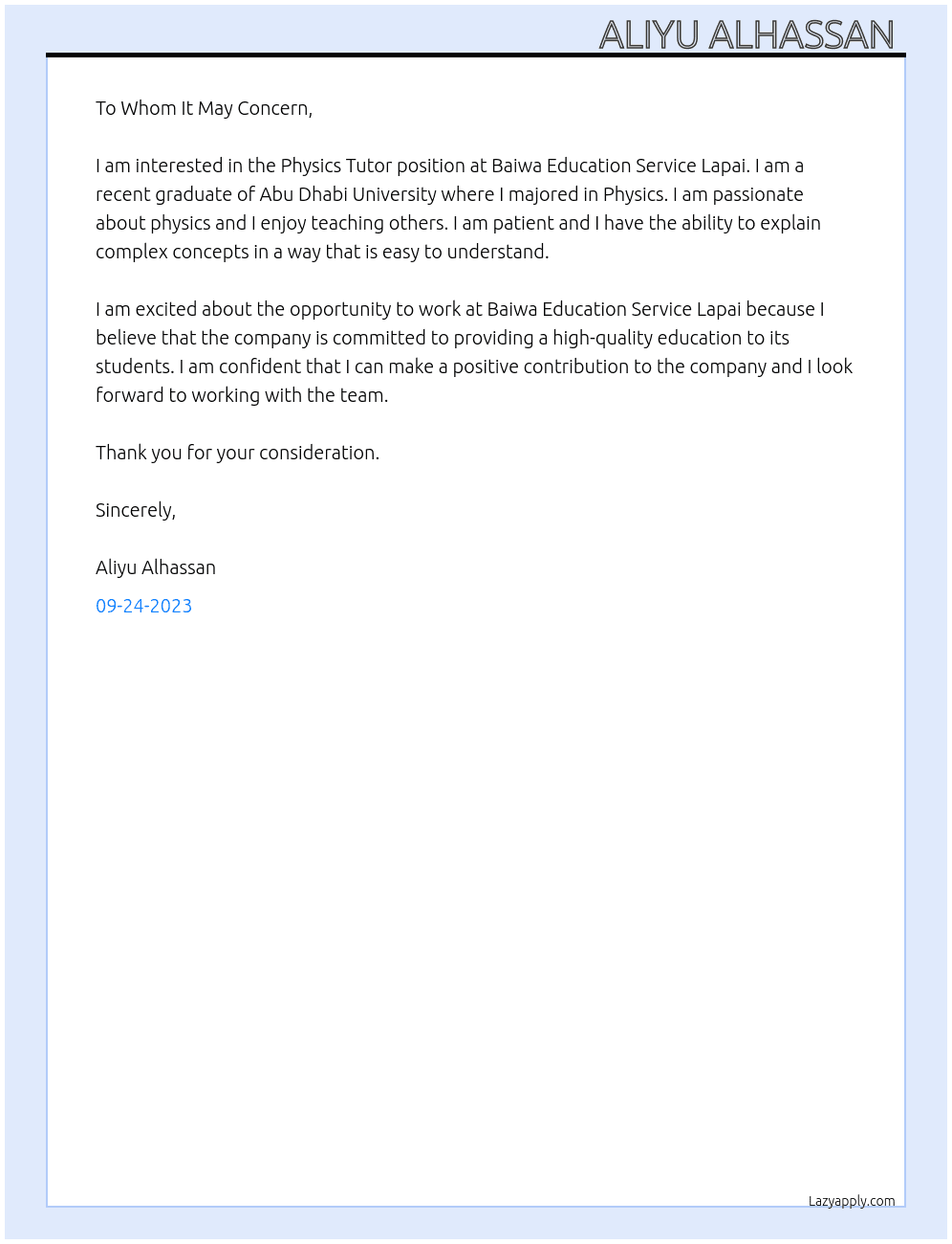 Physics Tutor At Baiwa Education Service Lapai.  Cover Letter