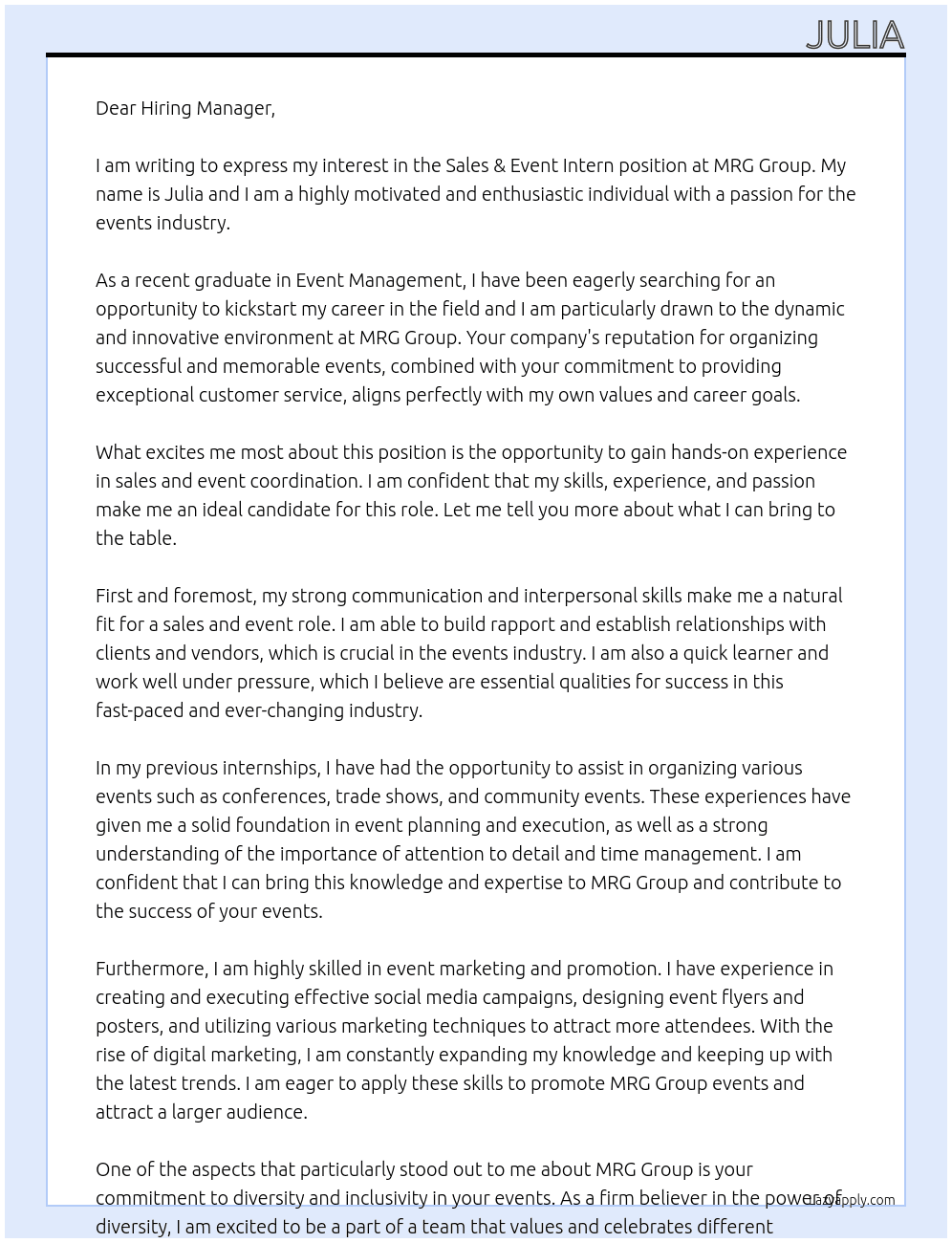 Sales & event intern At MRG Group Cover Letter