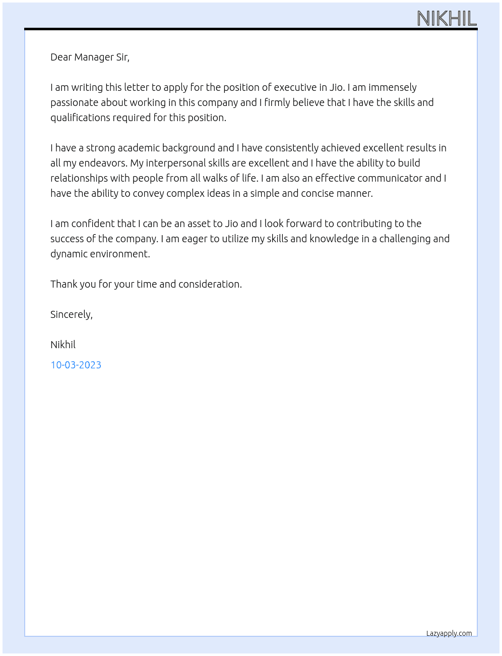 executive  At jio Cover Letter