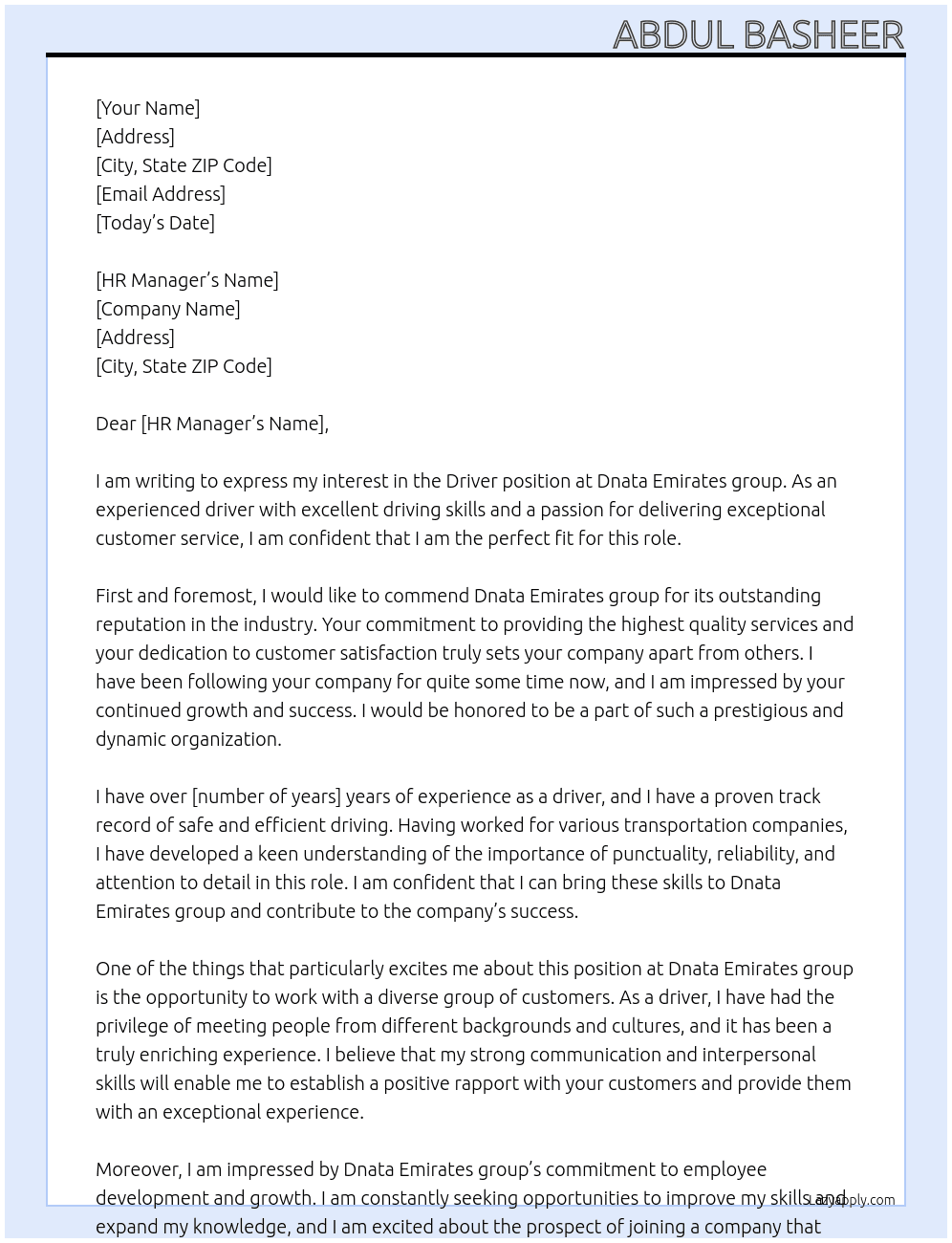 Driver  At Dnata Emirates group  Cover Letter