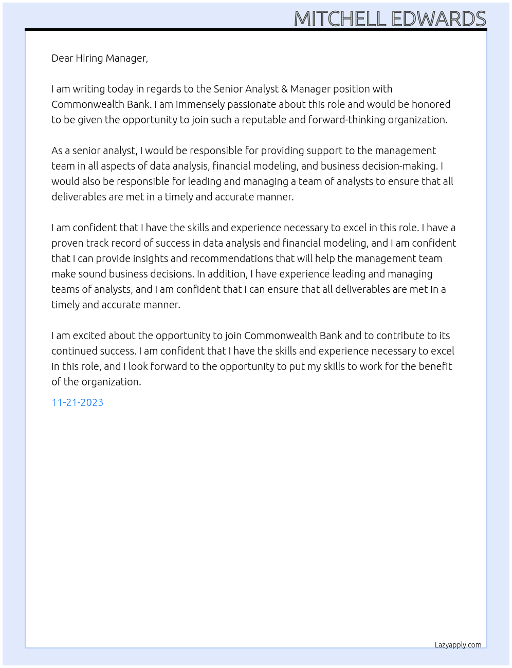 Senior Analyst & Manager At Commonwealth Bank Cover Letter