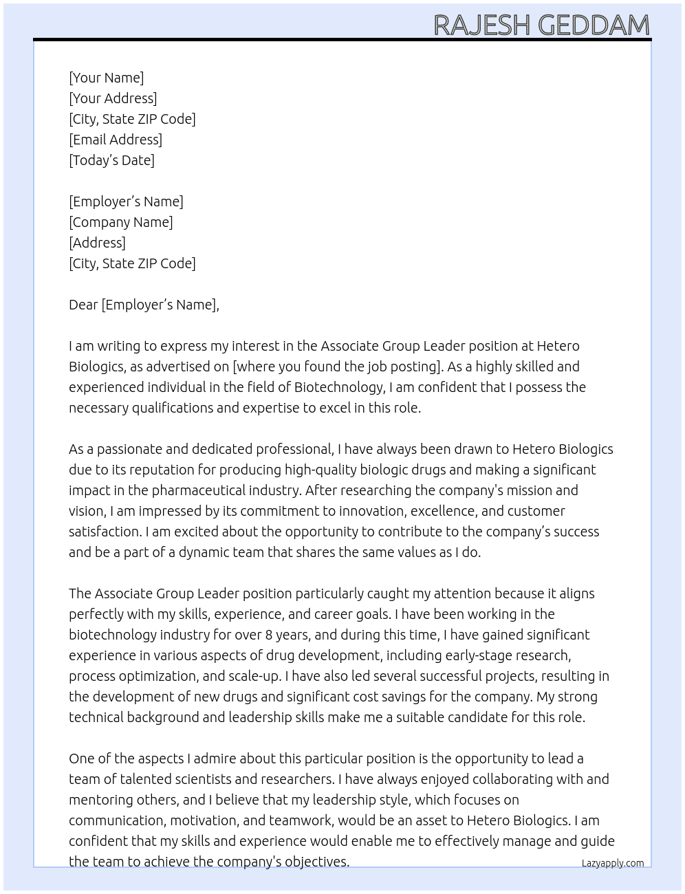 Associate group leader  At Hetero Biologics Cover Letter