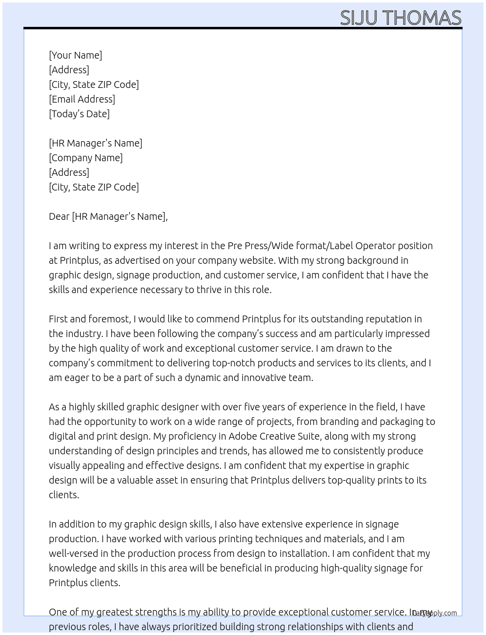 Pre Press/Wide format/ Label Operator At Printplus Cover Letter
