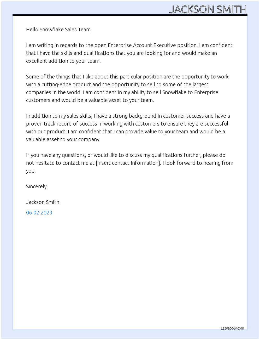 Enterprise Account Executive At Snowflake Cover Letter