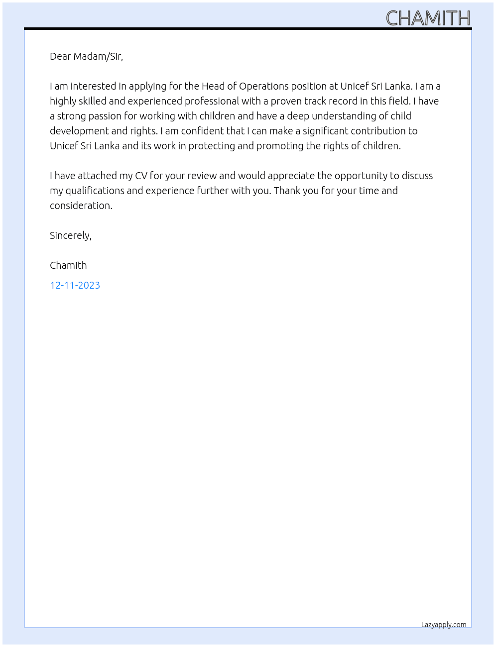 Head of Operations At Unicef Sri Lanka Cover Letter