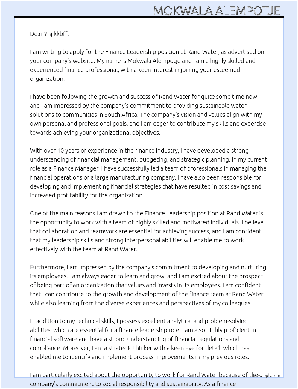 Finance leadership  At Rand water  Cover Letter