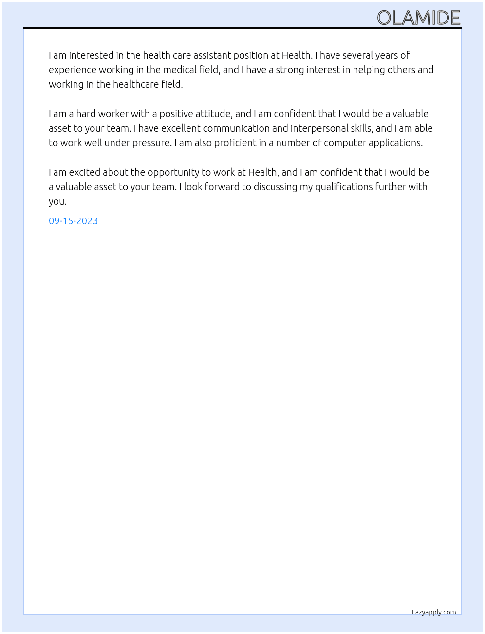Health care assistant At Health  Cover Letter