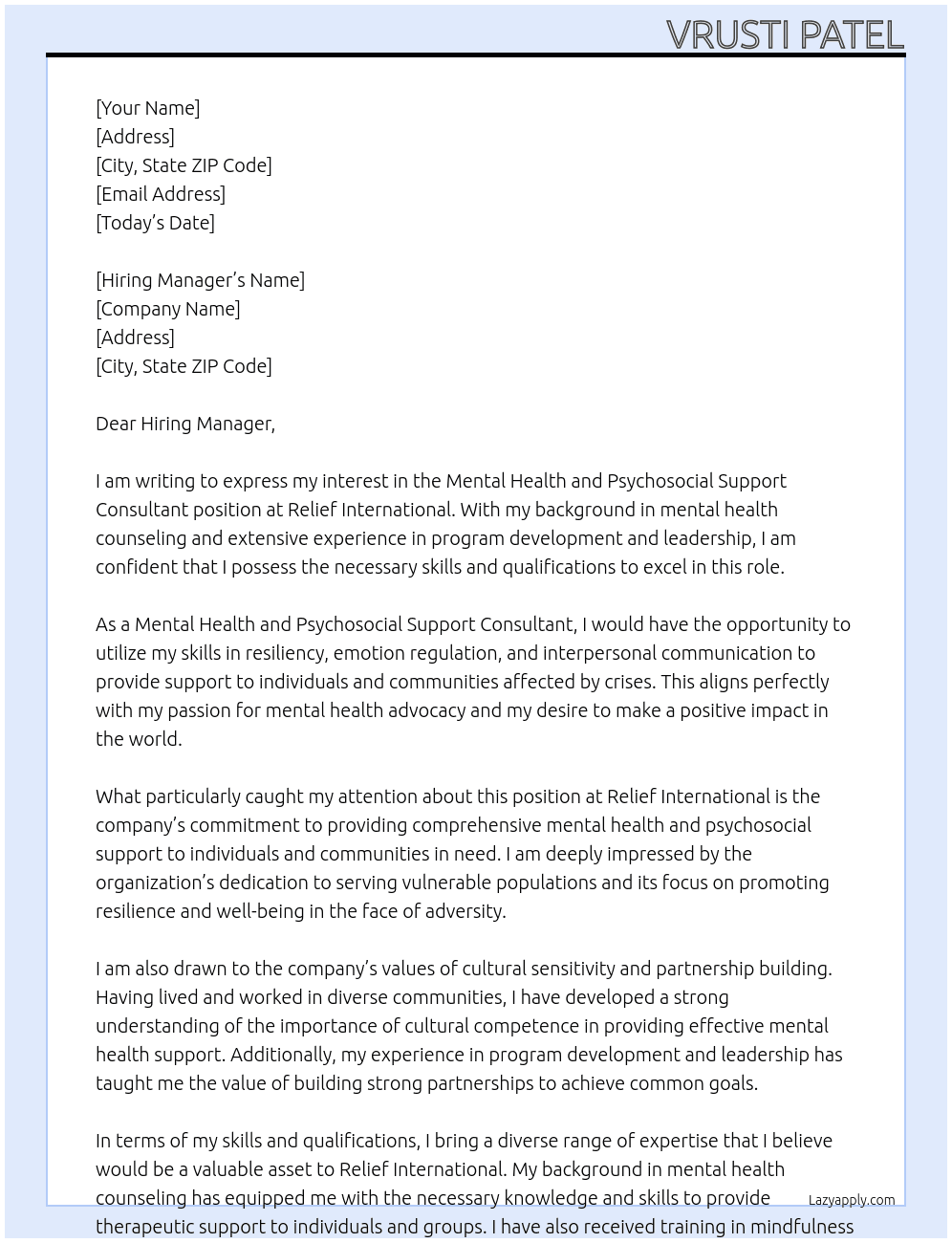  Mental Health and Psychosocial Support Consultant At Relief International Cover Letter