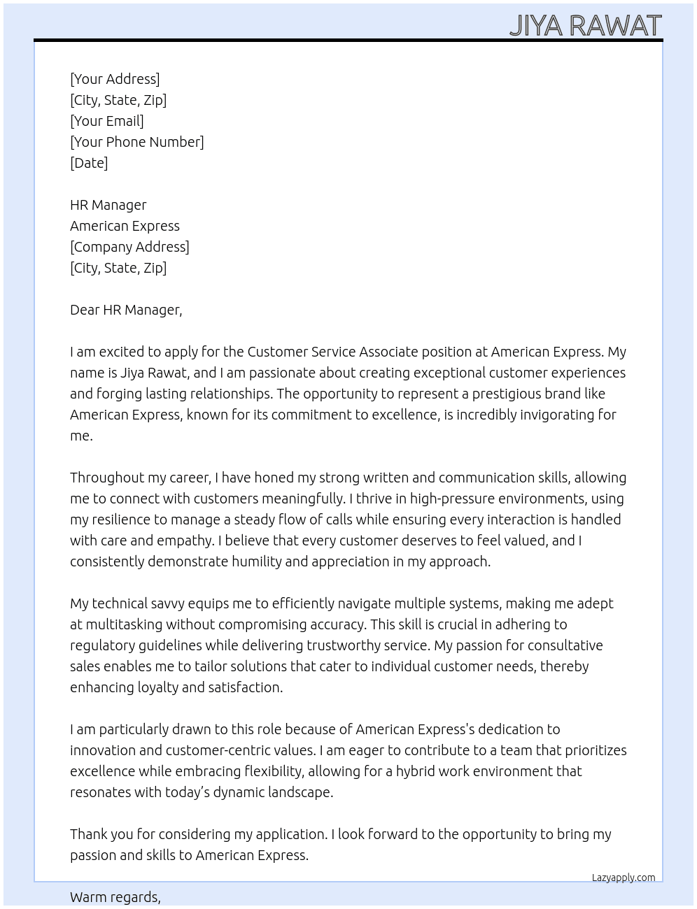 Customer Service Associate At American Express Cover Letter