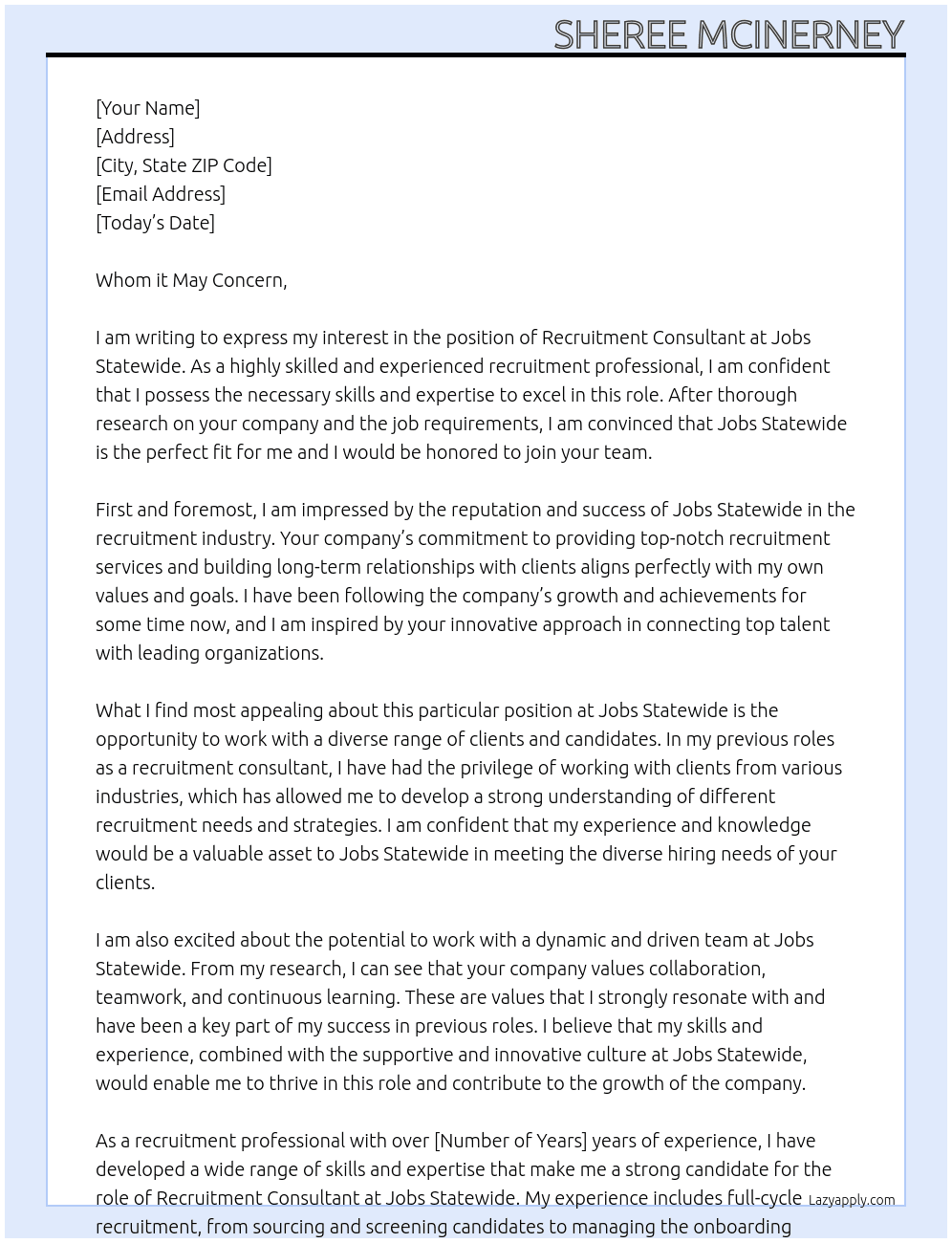 Recruitment Consultant At Jobs Statewide Cover Letter