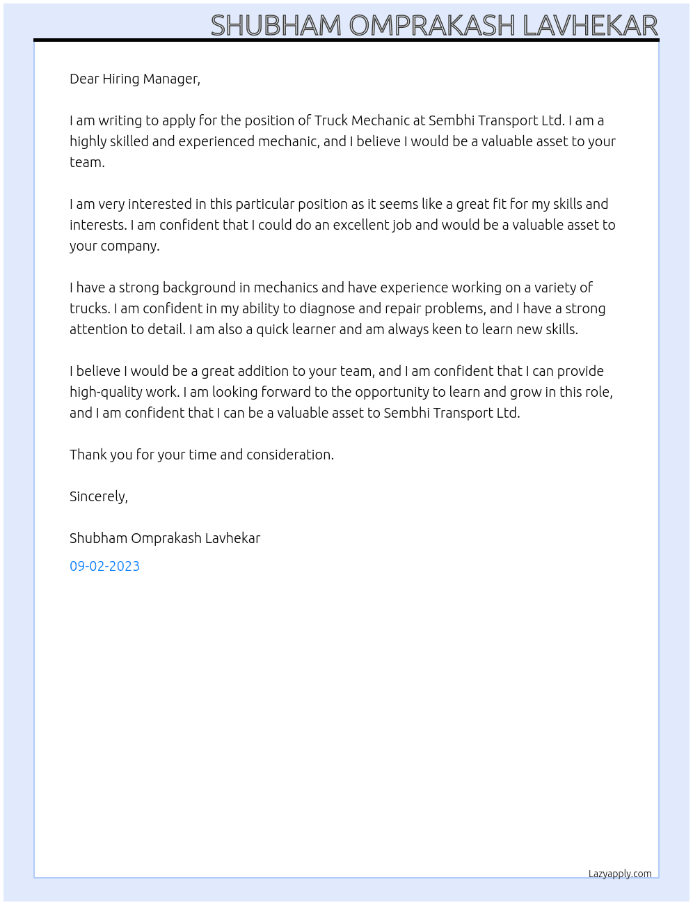 Truck Mechanic  At Sembhi Transport Ltd Cover Letter