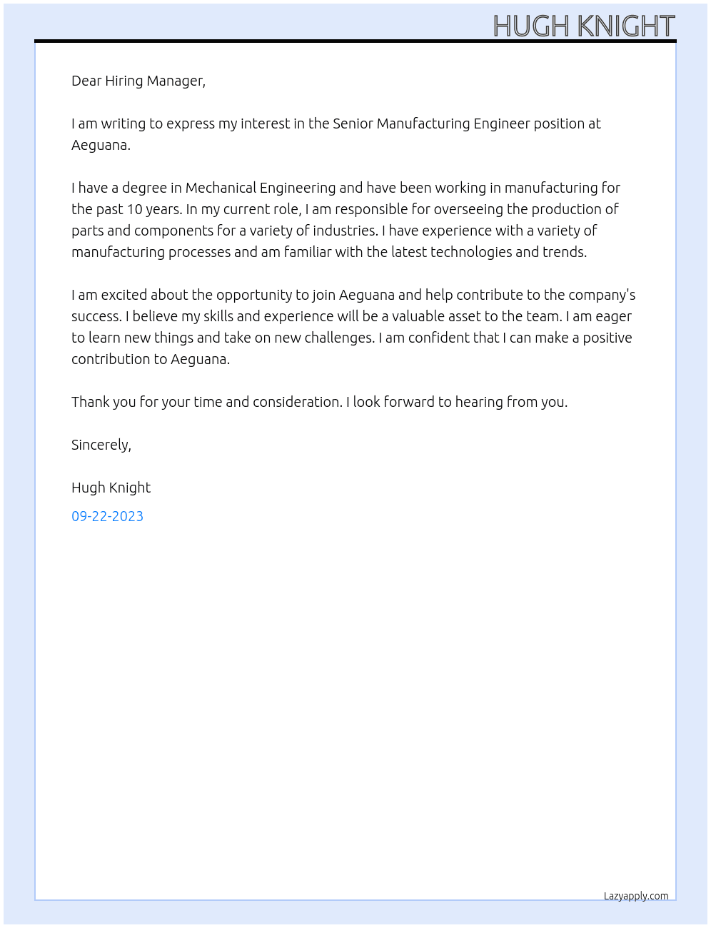 Senior Manufacturing Engineer At Aeguana Cover Letter