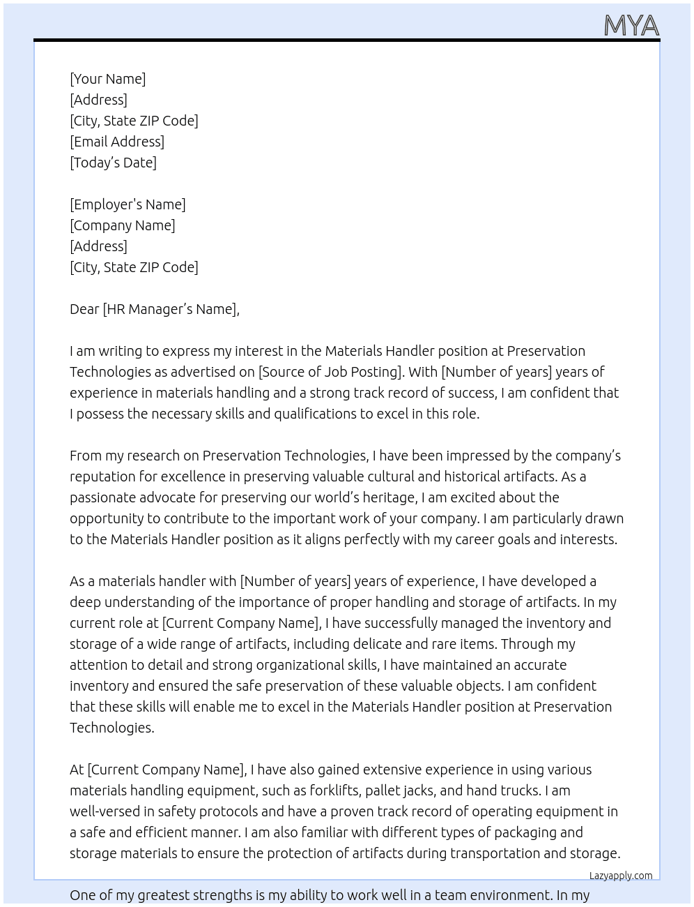 Materials Handler  At Preservation Technologies, Cover Letter