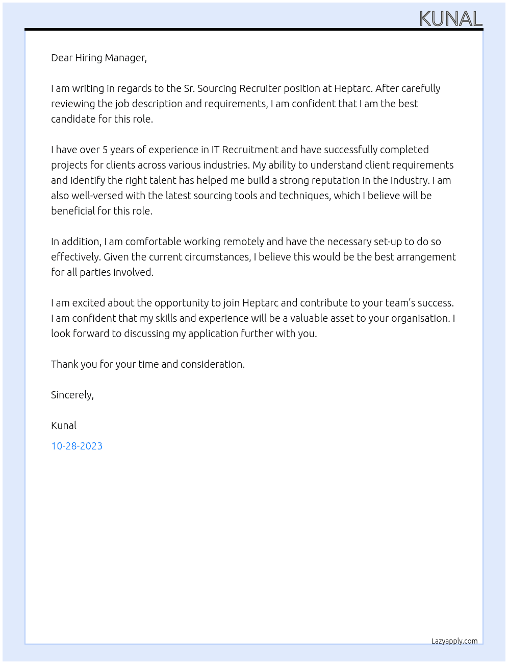 Sr. Sourcing Recruiter  At Heptarc Cover Letter