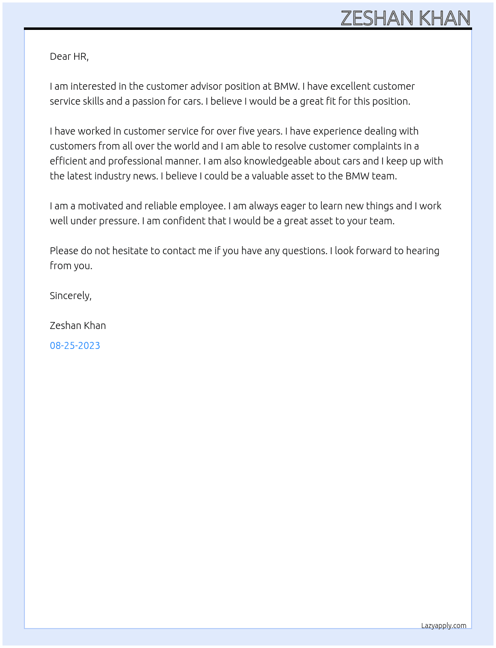 Customer advisor  At BMW Cover Letter
