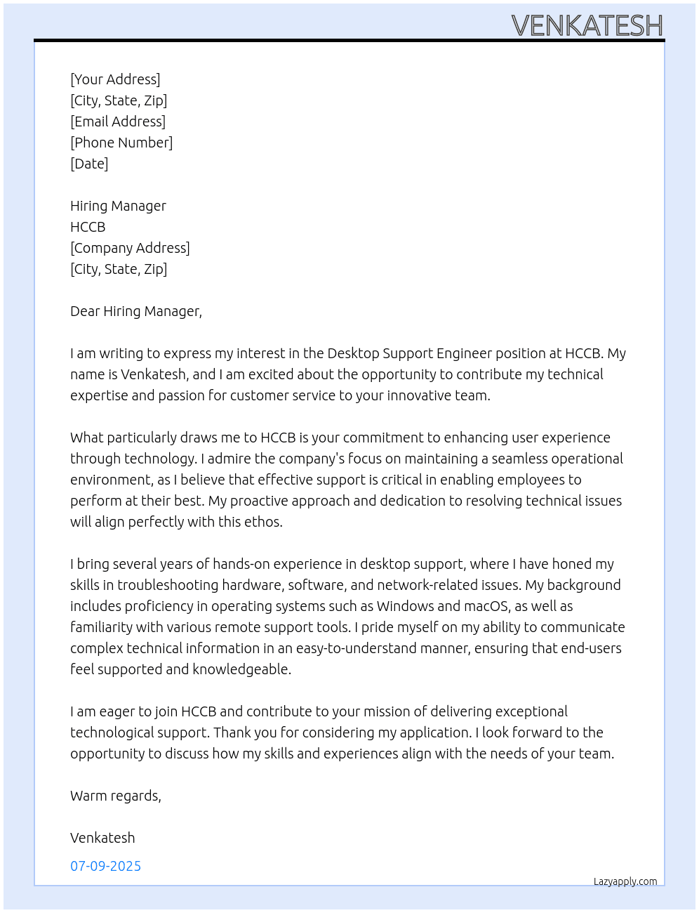 desktop support engineer  At hccb Cover Letter