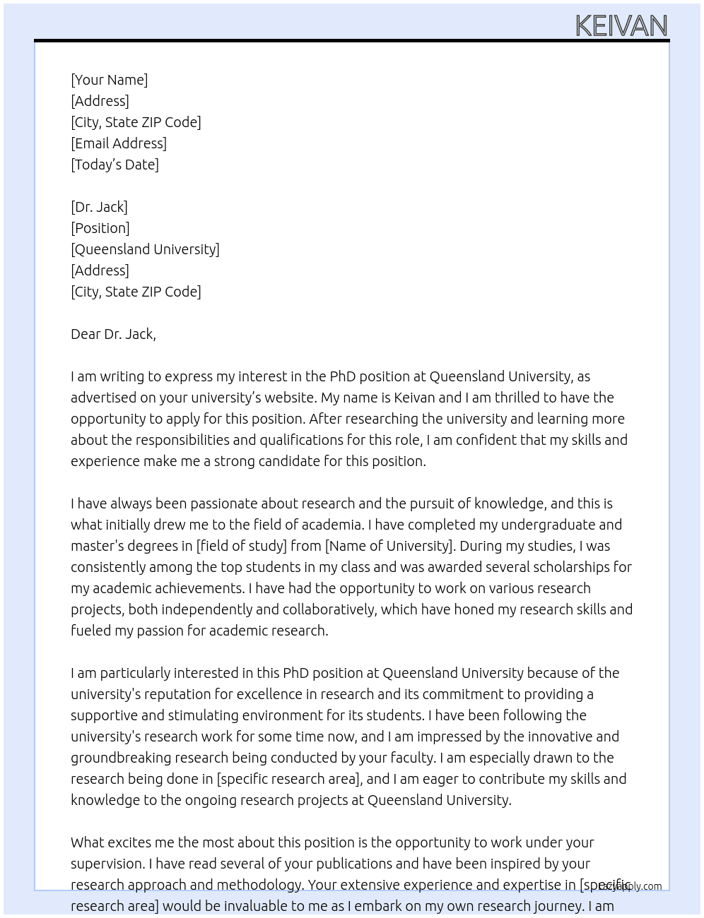 phd position At quensland universitiy Cover Letter