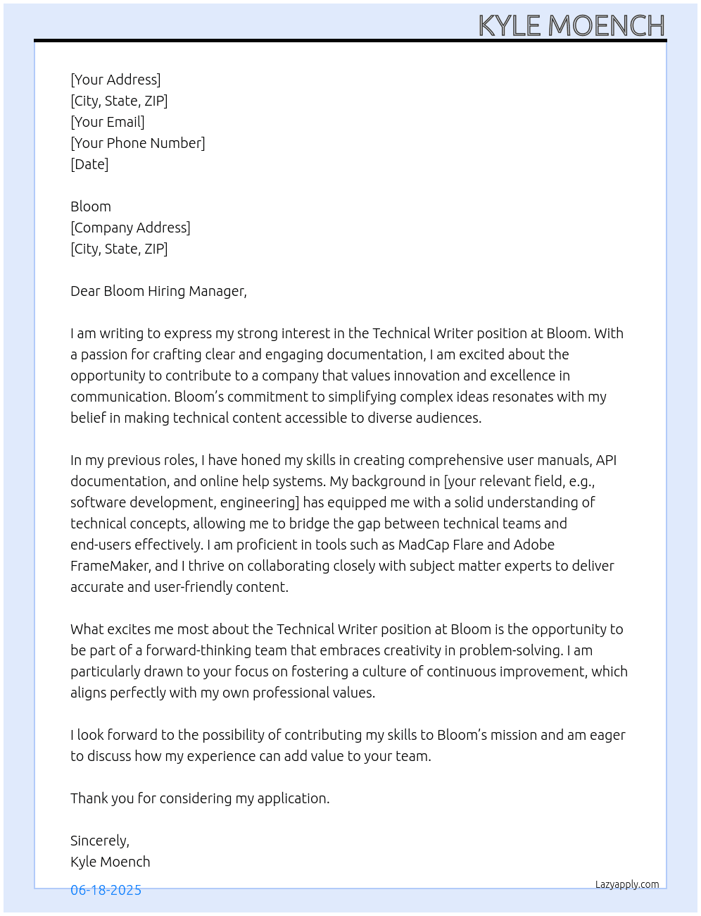 Technical Writer At Bloom Cover Letter