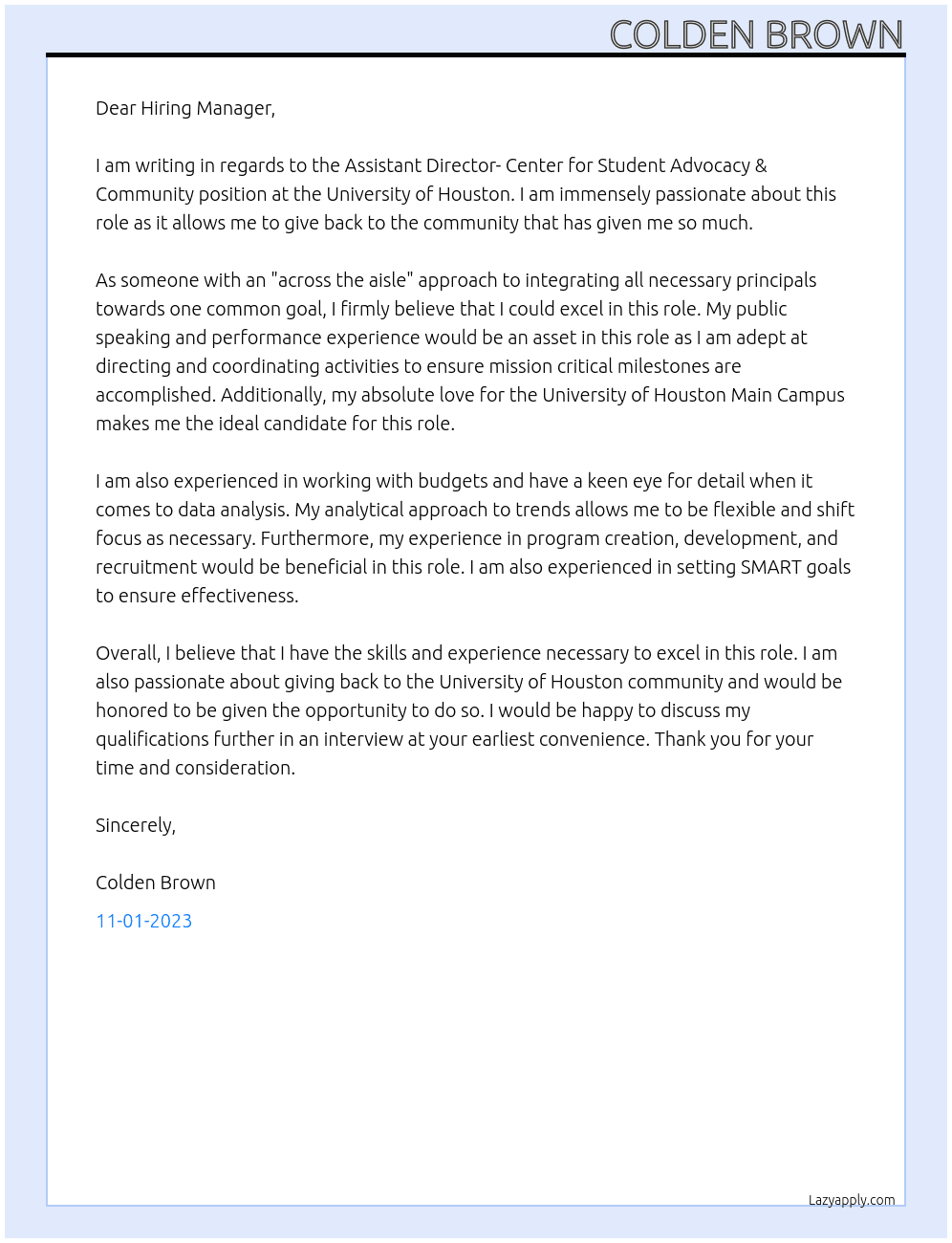 Assistant Director- Center for Student Advocacy & Community  At University of Houston Cover Letter