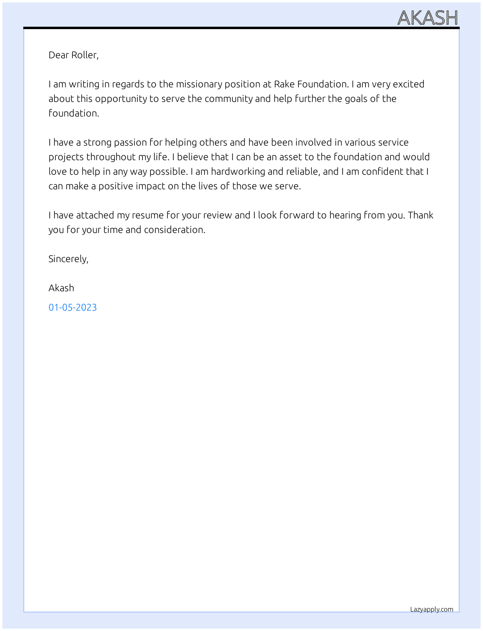 Missionary  At Rake Foundation  Cover Letter