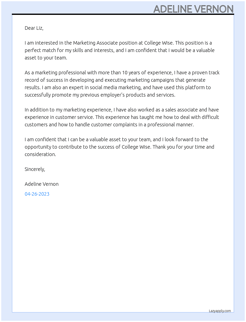 Marketing Associate At College Wise Cover Letter