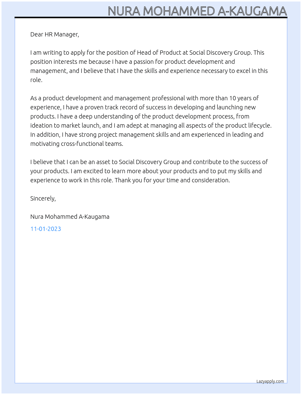 Head of Product At Social Discovery Group Cover Letter