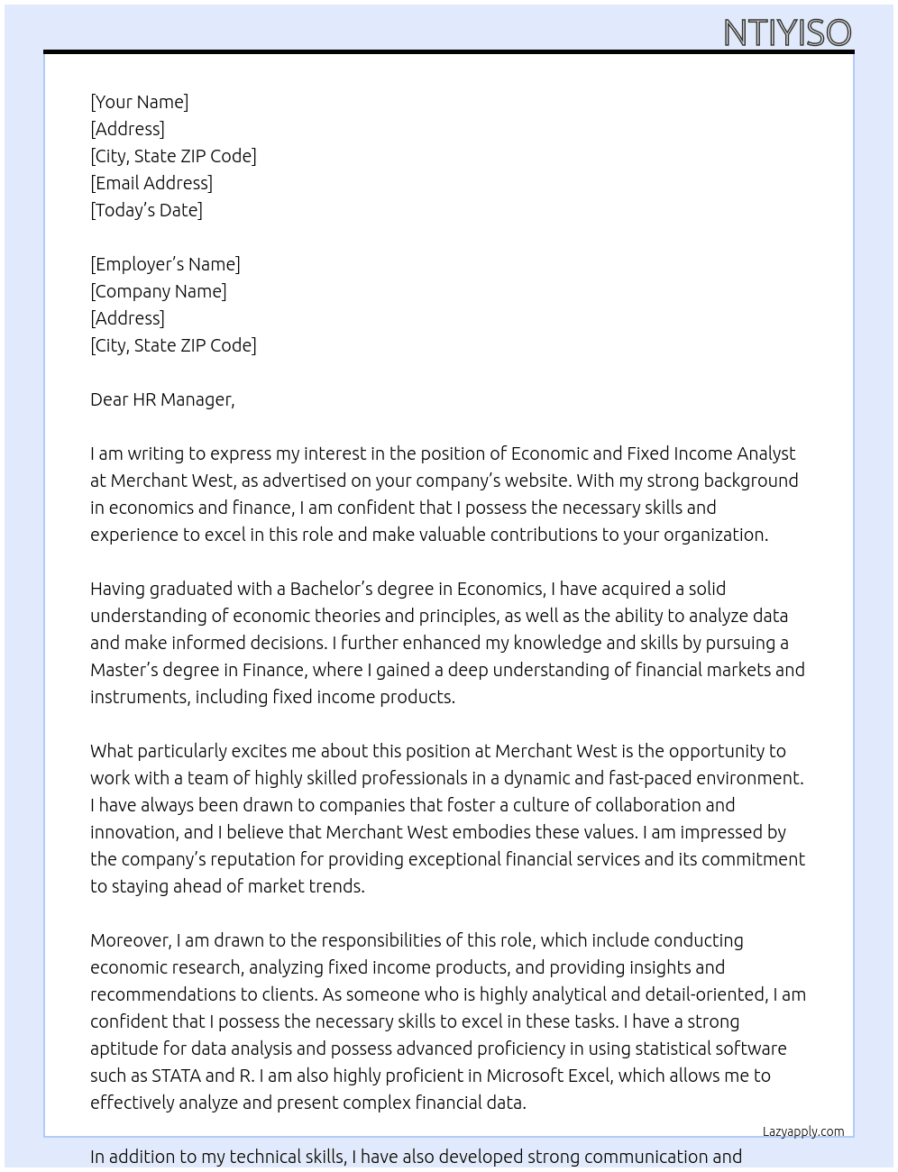 Economic and Fixed Income Analyst At Merchant West Cover Letter