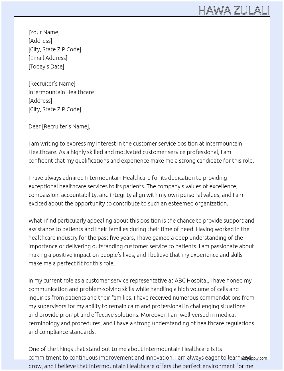 customer service At Intermountain Healthcare Cover Letter