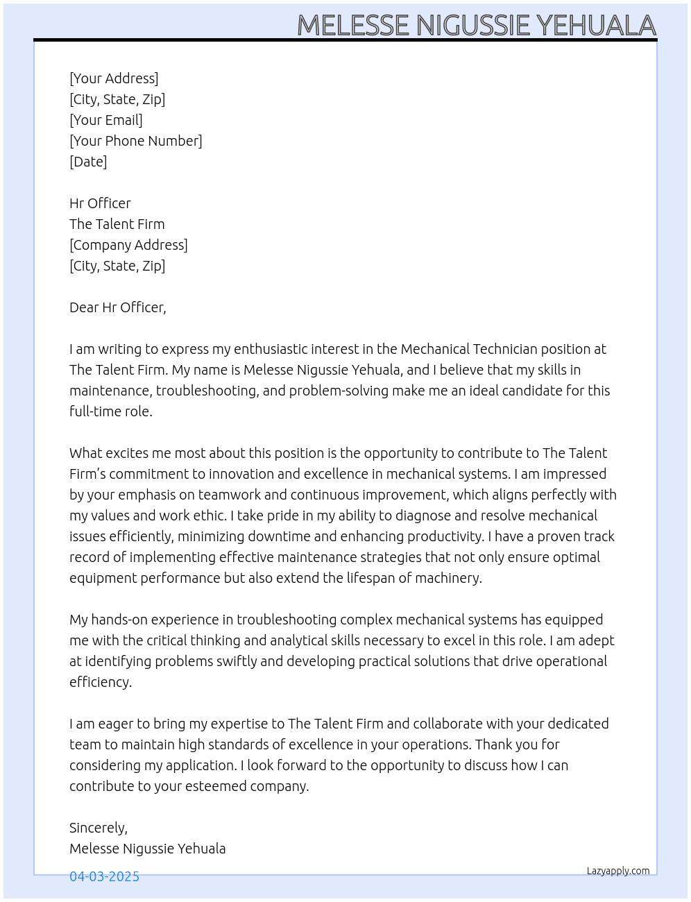 Mechanical Technician  At The Talent Firm Cover Letter