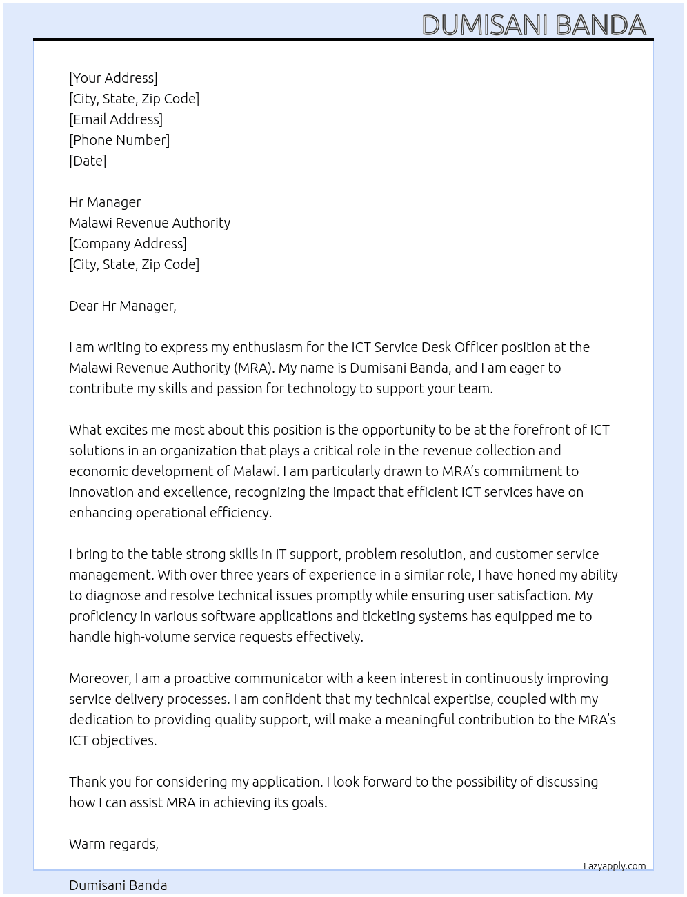 Cover letter for ict service desk officer - LazyApply
