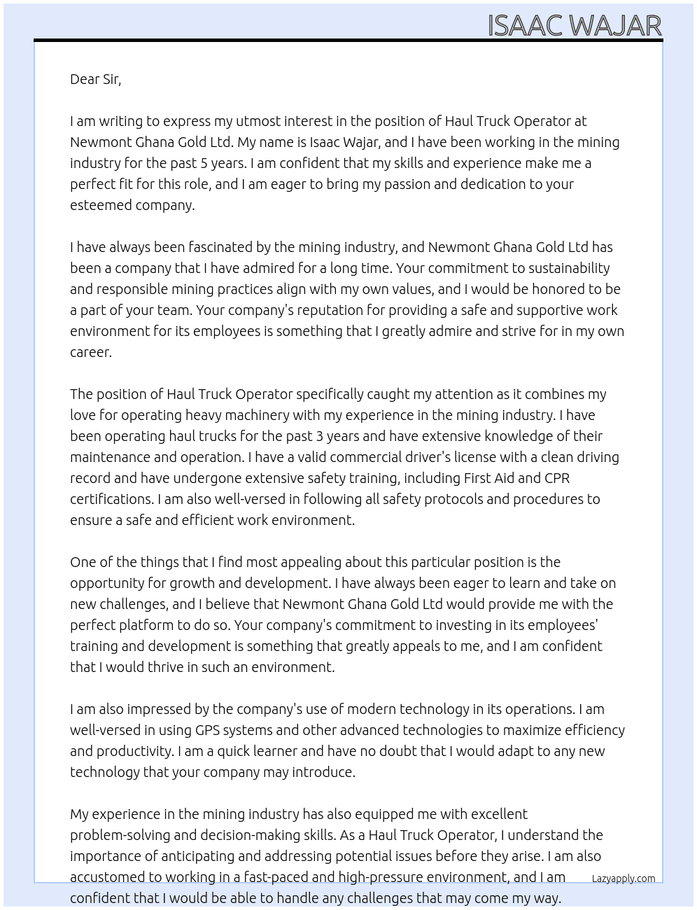 HAUL TRUCK OPERATOR At NEWMONT GHANA GOLD LTD Cover Letter