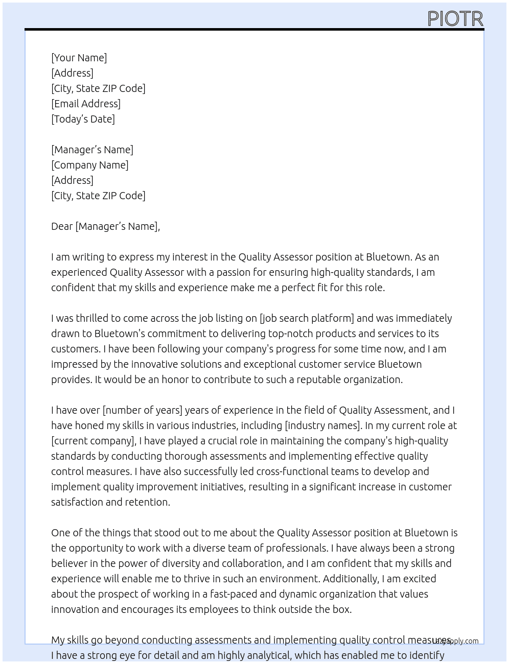 Quality Assessor At Bluetown Cover Letter