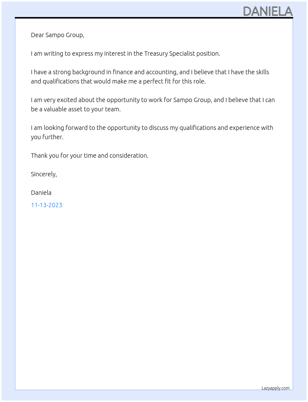 Treasury Specialist At Sampo Group Cover Letter