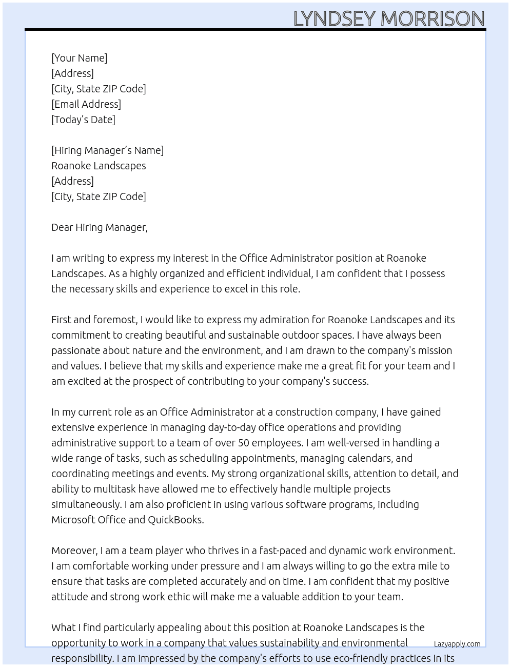 Office Administrator At Roanoke Landscapes Cover Letter