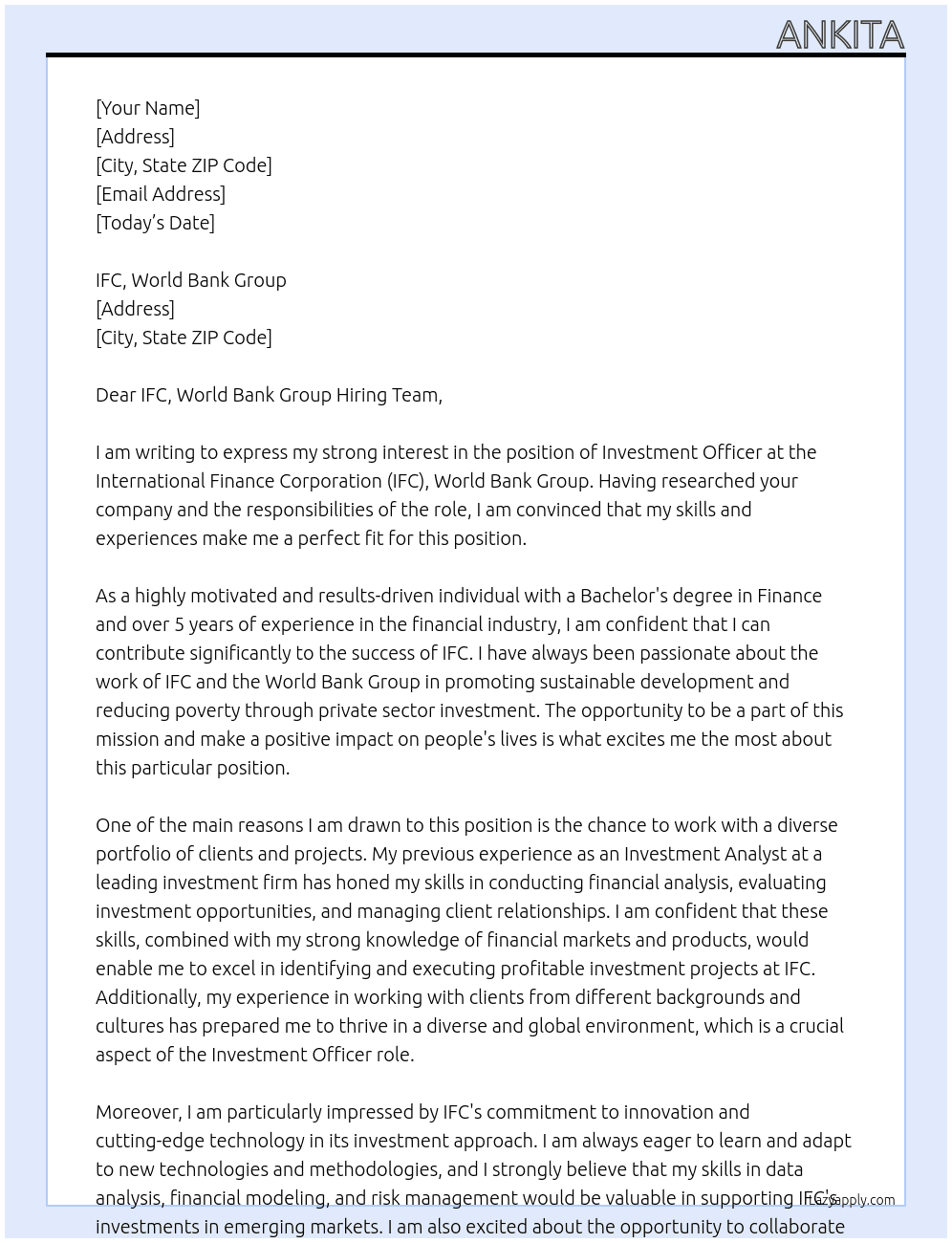 INVESTMENT OFFICER At ITERNATION FINANCE CORPORATION Cover Letter