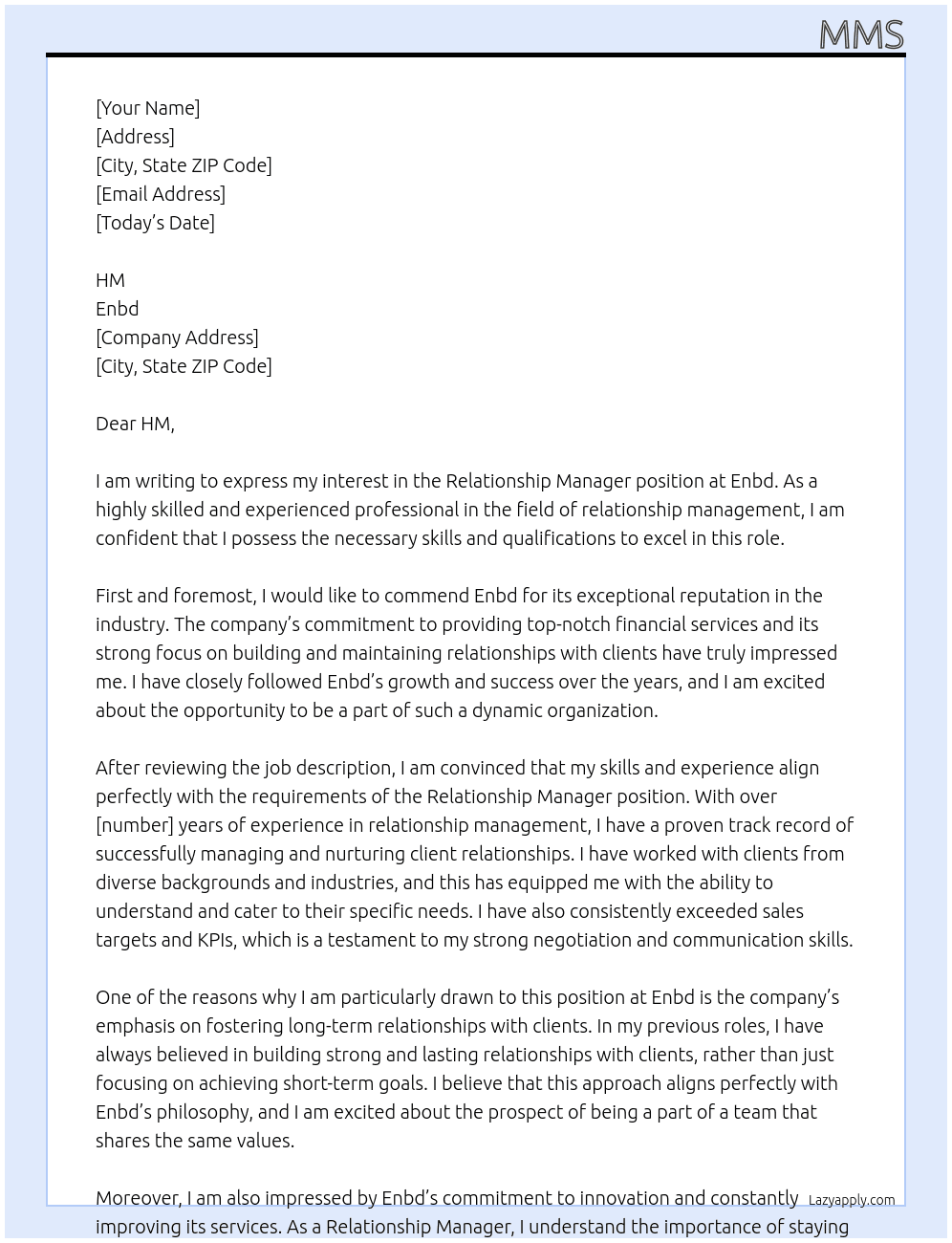Relationship Manager At Enbd Cover Letter
