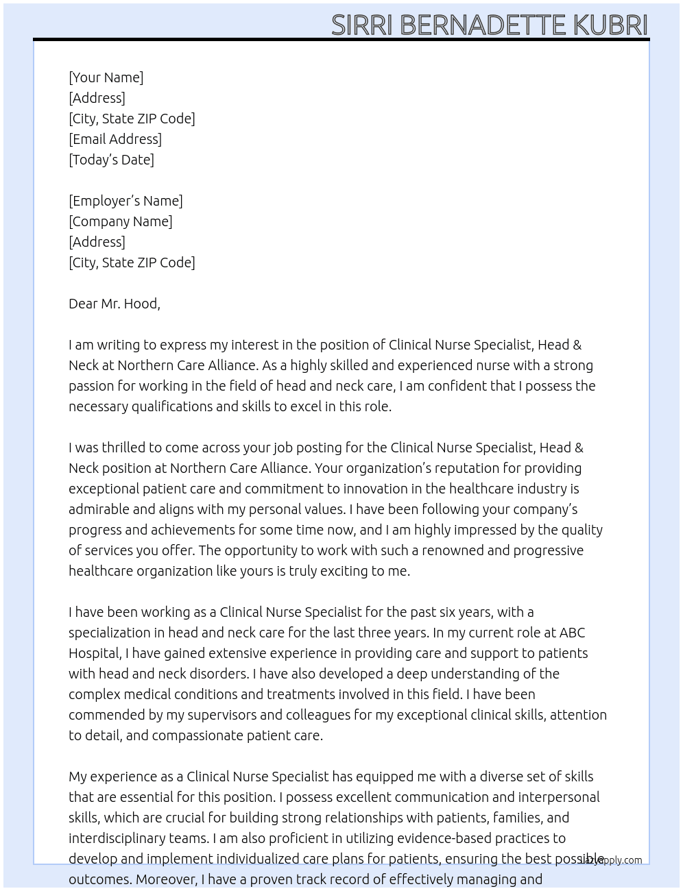 Clinical Nurse Specialist, Head & Neck At Northern Care Alliance Cover Letter