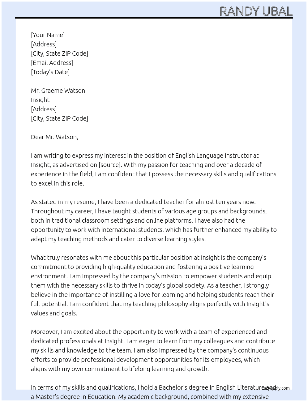 English Language Instructor At Insight  Cover Letter