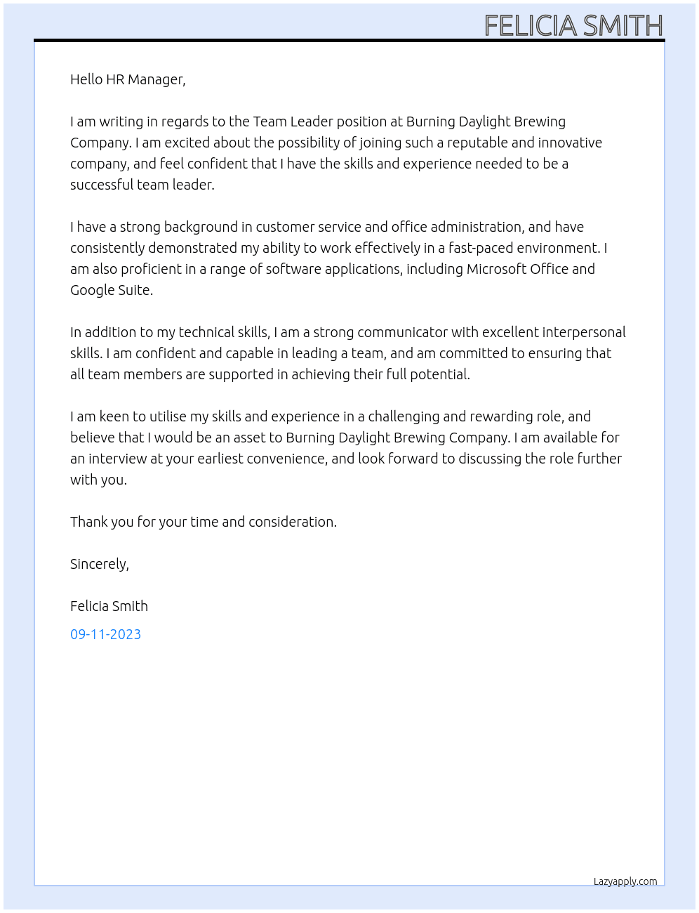 Team Leader At Burning Daylight Brewing Company Cover Letter