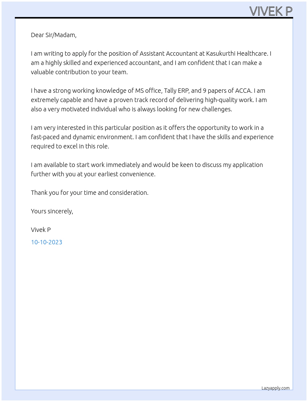 Assistant accountant  At Kasukurthi Healthcare Cover Letter