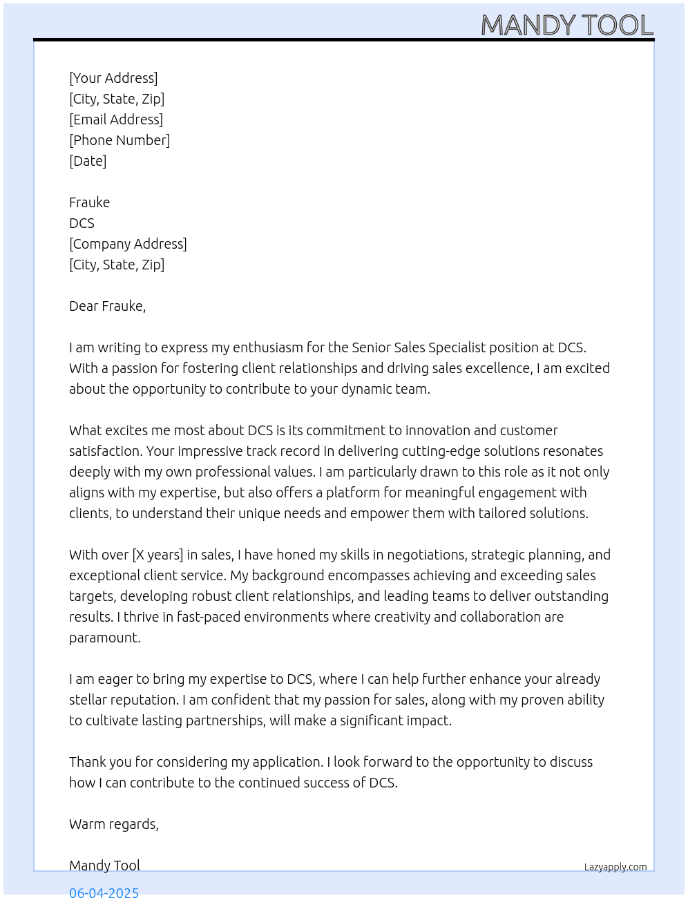 senior sales specialist At DCS Cover Letter