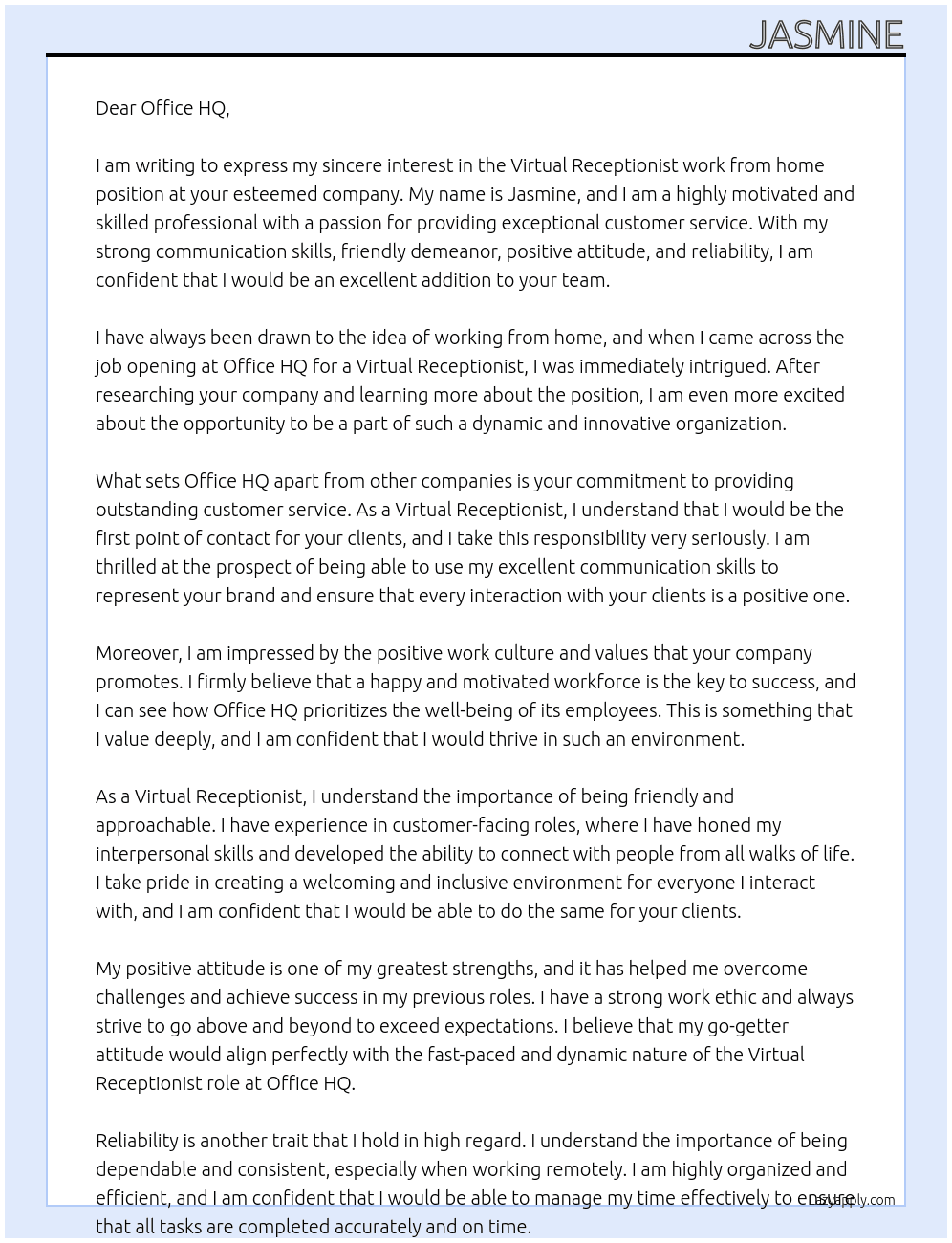 Virtual receptionist work from home At Office HQ Cover Letter