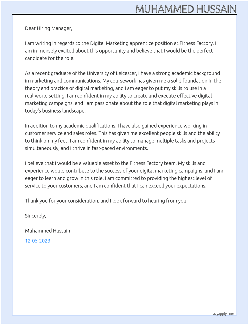 Digital Marketing apprentice  At Fitness Factory Cover Letter