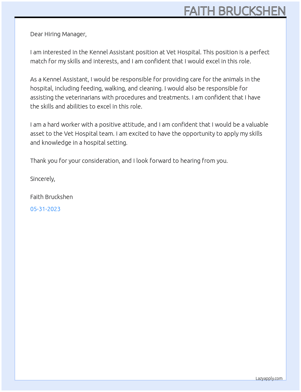 Kennel Assistant At Vet Hospital Cover Letter