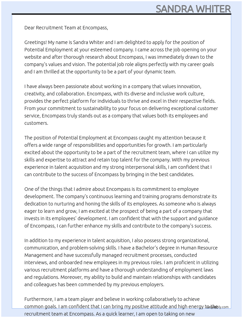 Potential Employment  At Encompass Cover Letter