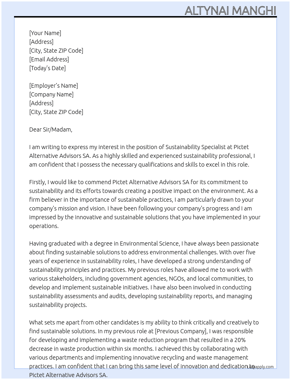 Sustainability Specialist At Pictet Alternative Advisors SA Cover Letter