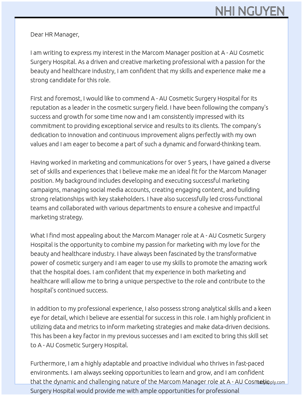 Marcom Manager  At A - AU Cosmetic Surgery Hospital  Cover Letter